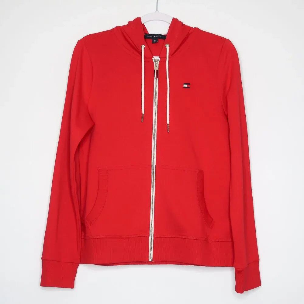 Tommy Hilfiger Womens Hoodie Red Size Medium Zip Up Pullover French Terry Preppy